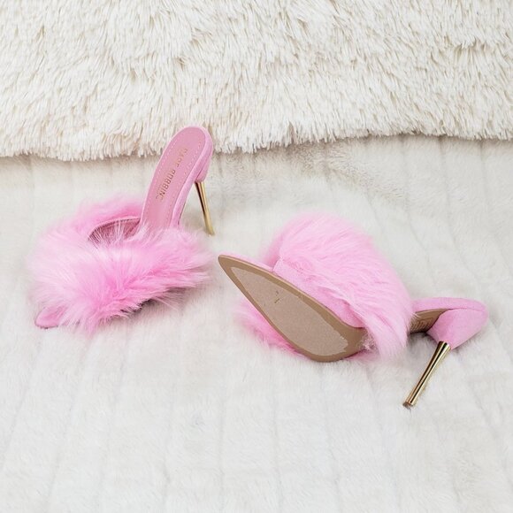 Furry Pointy Toe Slip On Gold Tone Slim Heels Pink Fuji - Picture 7 of 14